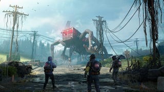 Three meta-humans stare up at an animated school bus stomping up the road, walking on its huge sinewy arms