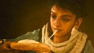 Monster Hunter Wilds screenshot showing young boy eating a cheese naan with a stretchy pull