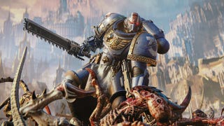 A space marine in Warhammer 40,000 Space Marine 2 on top of a bloody corpse pile