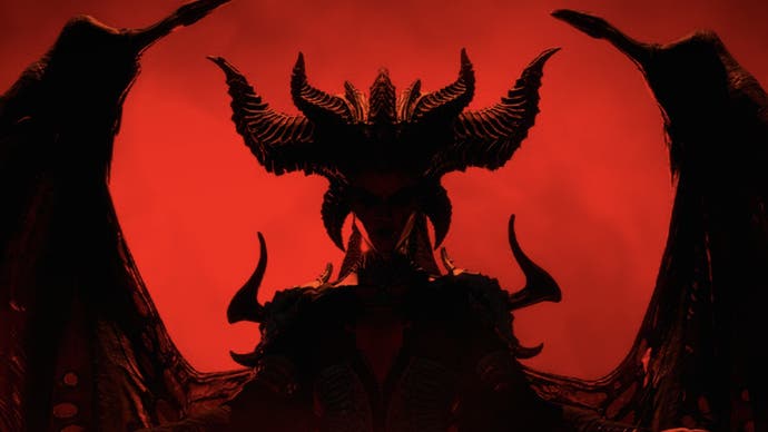 Diablo 4 artwork showing the silhouette of the game's demonic villain Lilith.