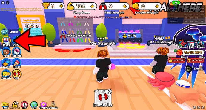 An arrow pointing at the store option in Arm Wrestle Simulator.