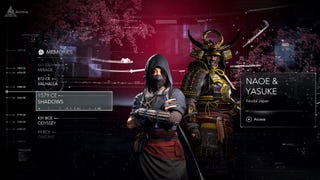Naoe and Yasuke appear next to the start screen for Assassin's Creed Shadows inside the Animus Hub