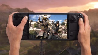 Mock-up of Assassin's Creed Shadows running on a Steam Deck OLED. An in-game landscape viewed at sunset can be seen in the background.