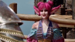 The brightly coloured Orlan companion character Yatzli in Avowed. She's bursting with cheeky humour and has bright pink hair. She is this game personified.