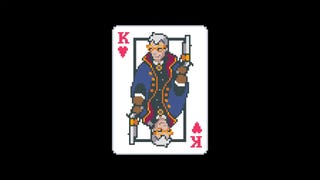 Balatro trailer screenshot showing a colourful King card on a black background