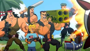 A still from a BroForce trailer, showing an exaggerated, cartooned collection of 80s action heroes all ready to fire guns or swing swords.