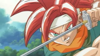 Chrono Trigger animated scene screenshot showing red spiky-haired male anime character holding a sword in front of his face