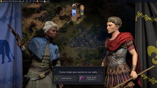 Civilization 7 screenshot of Harriet Tubman brandishing a revolver at Augustus, who says "Come, break your swords on our walls."