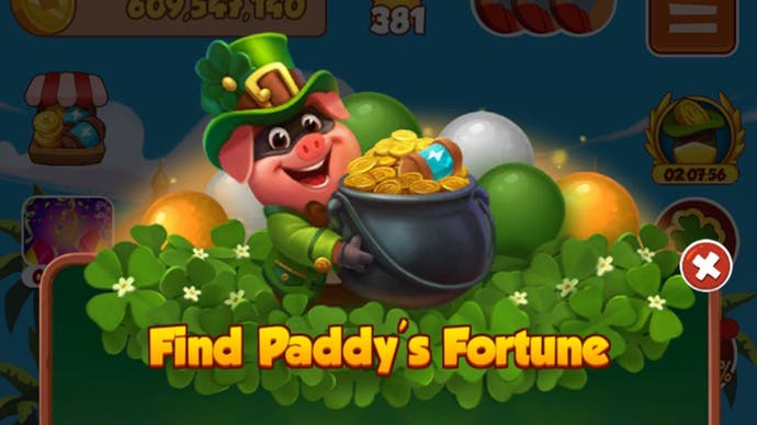 Artwork for the Coin Master Find Paddy's Fortune event, showing the game's cute pig mascot holding a pot of gold.