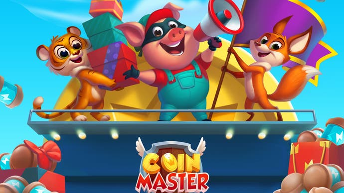 Artwork for Coin Master promoting one of the daily rewards, showing the game's cute pig mascot with a megaphone.