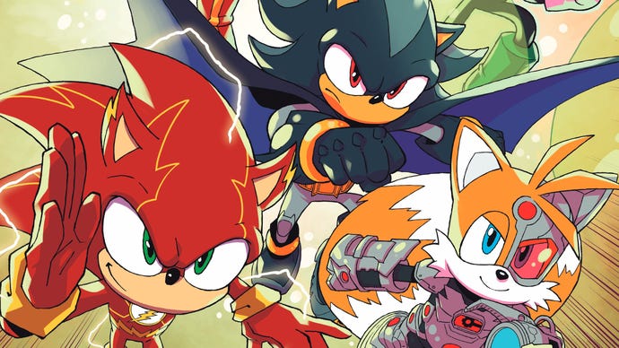 Sonic DC Comic image showing close up of Sonic as The Flash, Shadow as Batman, and Tails as Cyborg