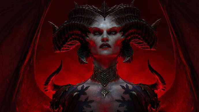 Diablo 4 artwork showing the demonic villain Lilith looking menacing and showing her wings with a red glow in the background.