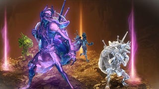 Artwork showing a cluster of different coloured treasure goblins in Diablo 4, all standing on a mound of treasure.