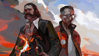 Disco Elysium artwork showing two men back to back in painterly brushstrokes