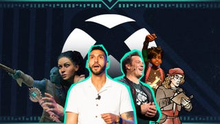 Collage image showing Obsidian's Marcus Morgan, Phil Spencer, and Obsidian game characters from Pentiment, Grounded, and Avowed over an Xbox logo.