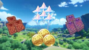 Primogems, Mora, and two piles of Hero's Wit and Adventurer's Experience floating in the sky.