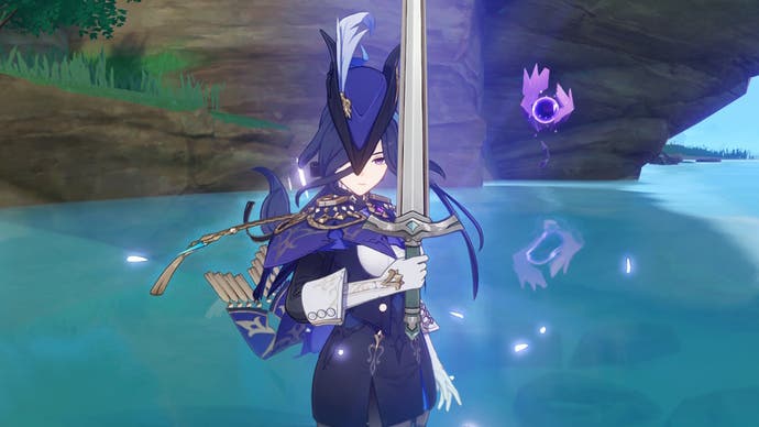 A character in Genshin Impact holding a sword, with an Electroculus item floating nearby.