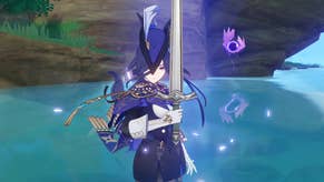 A character in Genshin Impact holding a sword, with an Electroculus item floating nearby.