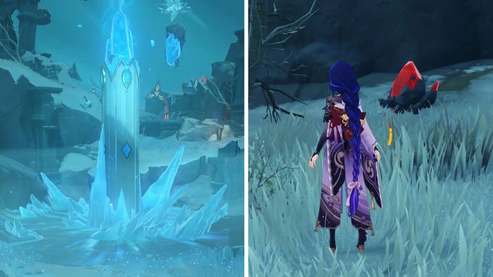 The Frostbearing Tree before it has been unlocked in Genshin Impact, and a character approaching a Scarlet Quartz ore.