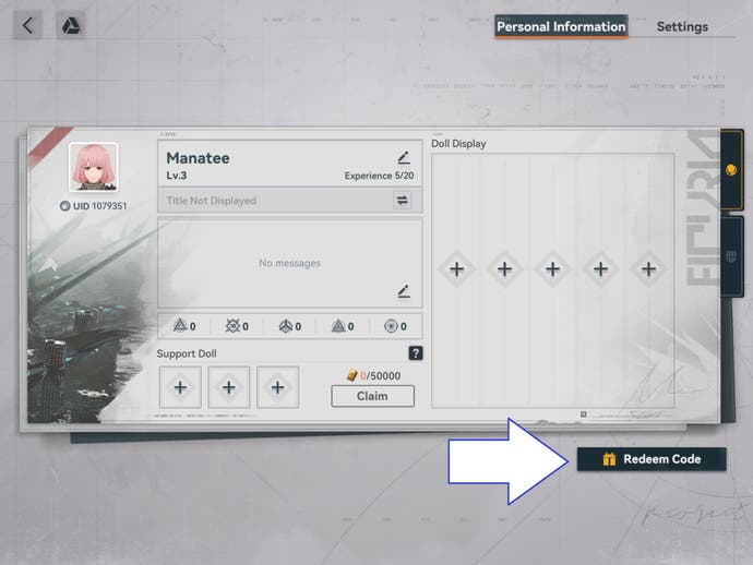 A screenshot of Girls' Frontline 2 showing the game's Redeem Code button.
