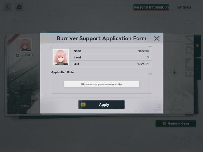 A screenshot of Girls' Frontline 2 showing the game's codes page.