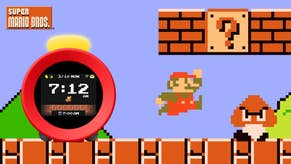 Nintendo graphic showing Super Mario Bros on the NES in the background with Mario jumping towards a ? block and a circular alarm clock superimposed