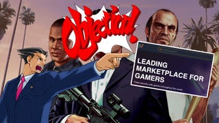 Composite image of Phoenix Wright pointing to the PlayerAuctions website and shouting "Objection!". Artwork of GTA 5's Michael, Franklin, and Trevor is visible in the background.