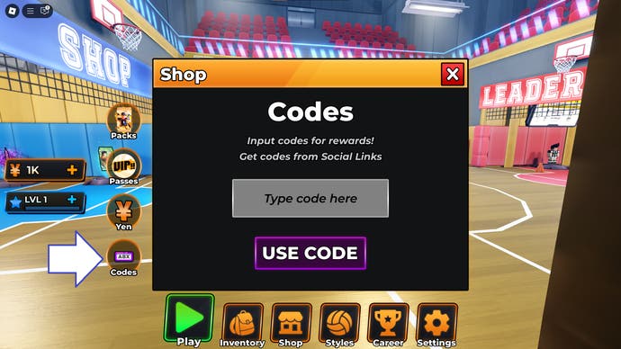A screenshot of Haikyuu Legends in Roblox showing the game's Codes button.