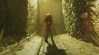 A scene from the playable Half-Life 2 RTX demo, featuring a raytraced headcrab zombie wandering down a cobbled alleyway.