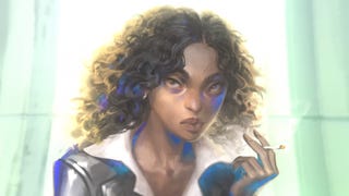 Hopetown trailer screenshot showing surly woman with curly hair smoking a cigarette in painterly style