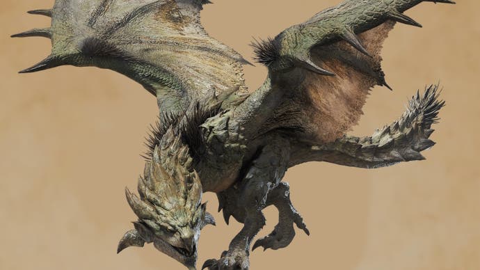 Rathian from Monster Hunter Wilds on a beige background.