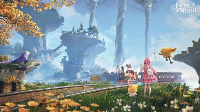 Nikki and Momo look out at a fantasy landscape near some yellow flowers.