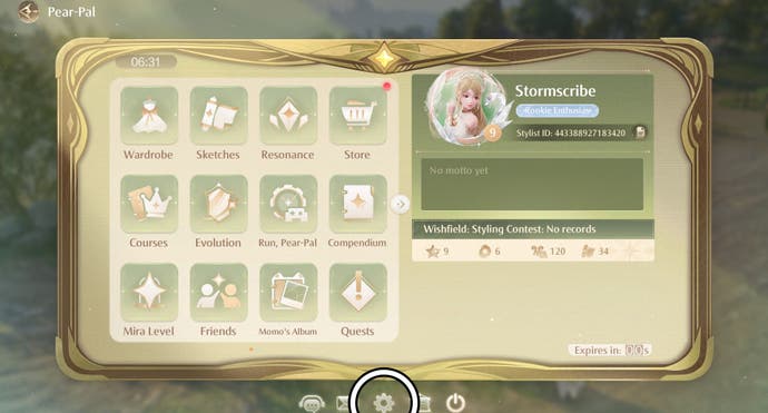 The Pear-Pal menu in Infinity Nikki with the 'Settings' option circled.