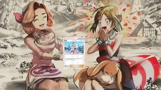 Still from the Hisuian Snow Japanese credits showing Irida looking excited in painterly style, looking at a cropped Irida TCG Pocket card.