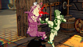 A green-hued character boots another character out of what looks like an open barn door.