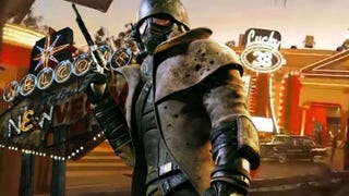 Leaked set photo from Fallout season two showing a casino sign with Fallout New Vegas promo art overlayed on top