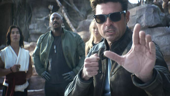 Ludi Lin as Liu Kang, Mehcad Brooks as Jax, Jessica McNamee as Sonya Blade, and Karl Urban as Johnny Cage in 'Mortal Kombat 2'