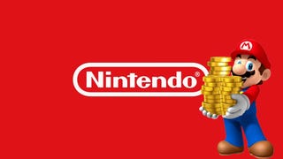 Nintendo logo on red background with Mario holding a pile of golden coins