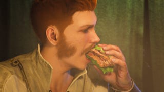 A man eats a succulent sandwich in Monster Hunter Wilds.