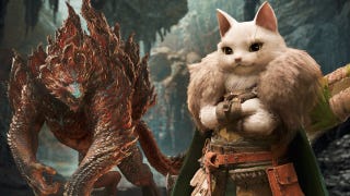 A Monster Hunter Wilds palico standing heroically