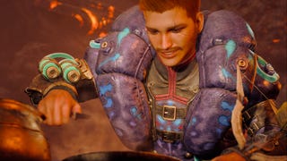 A smiling hunter in Monster Hunter Wilds settling down to munch on his delicious hand-grilled meal.
