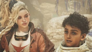 Monster Hunter Wilds trailer screenshot showing female character with long blonde hair and young child with curly dark hair