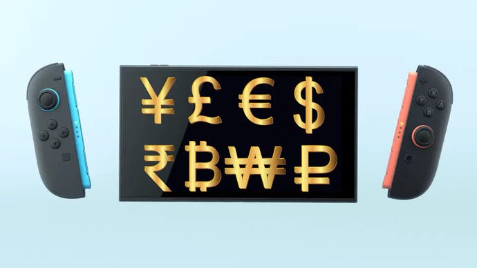 A Nintendo Switch 2 console with money symbols overlayed on top