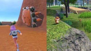 Splicing of two screenshots, on the left one of a flat muddy area in Scarlet and Violet. Right, a screenshot of low-spec environments in Legends Z-A.