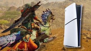 A screenshot from Monster Hunter Wilds with a PS5 console superimposed on top