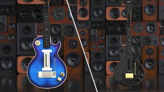 LP Blueberry Burst Pro Edition and Encore gaming controllers against a backdrop of speakers