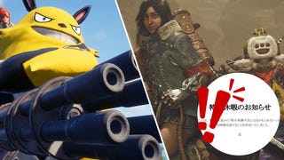 A screenshot from Palworld next to a screenshot of Monster Hunter Wilds with a Japanese memo and exclamation mark imposed on top