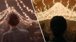 A side by side comparison of the barn dance in The Last of Us Part 2 game and the HBO series. The game is on the left, and the show on the right. Both are shots from behind Ellie showing the back of her head against thousands of warm glowing fairy lights