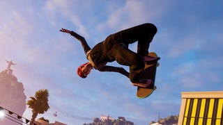 skater in Tony Hawks Pro Skater 3 and 4 preforming a trick on a skateboard as the sun shines behind her