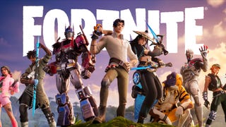 Fortnite logo behind a collection of playable characters from different franchises